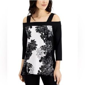 JM Collection Women's Black & White Floral Print Cold Shoulder Tunic Size XXL